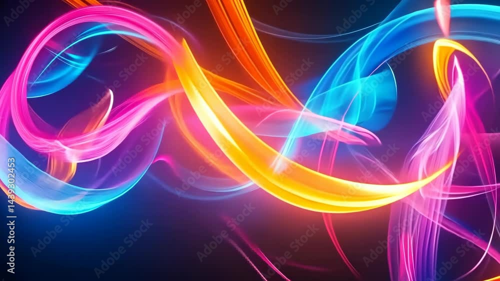 Poster dynamic neon light trails flowing across a dark background in vibrant colors