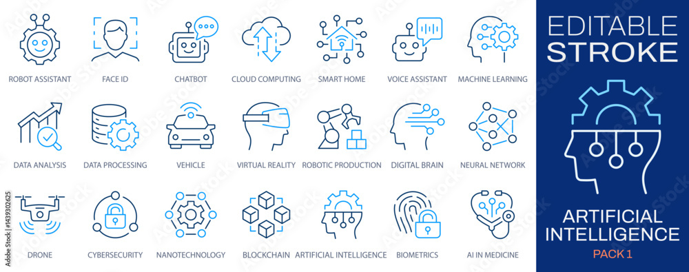Poster artificial intelligence icons, such as brain, science, robot, machine learning and more. editable st