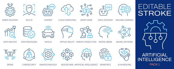 Artificial intelligence icons, such as brain, science, robot, machine learning and more. Editable stroke. Change to any size and any color.