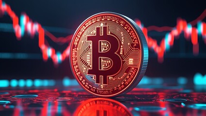 3D Render of Gold Bitcoin Emblem with Digital Network - Crypto Currency Investment and Technology