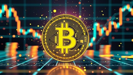 Abstract Golden Bitcoin Sign with Electronic Circuit Lines - Blockchain, Crypto Mining, and Trading