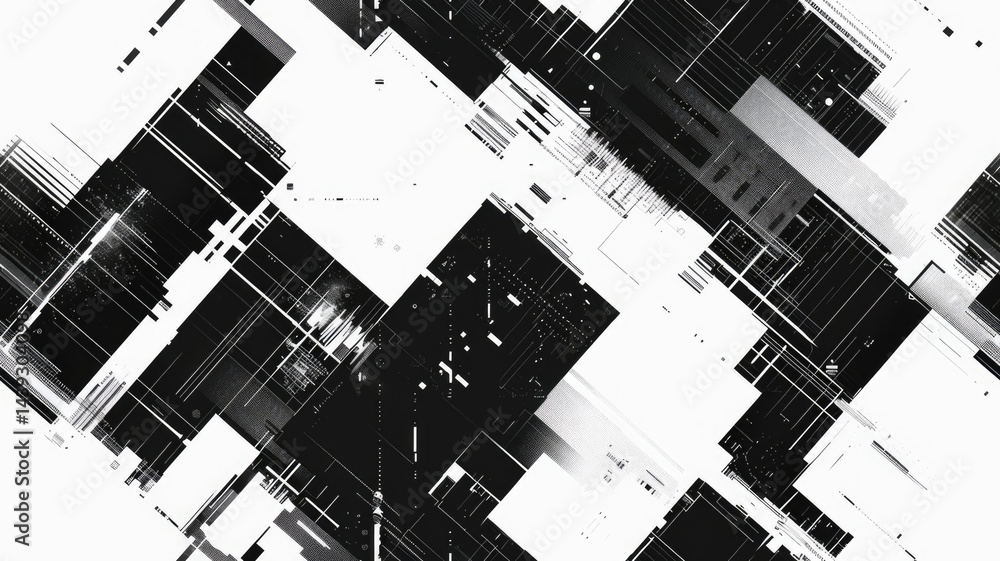 Poster The abstract picture of glitch circuit in square shape sketched by black color use shading to express software effect and algorithm graphic of digital chip through modern and electronic style. AIG53.