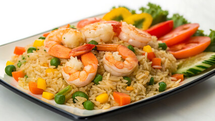 A bowl of shrimp fried rice with colorful bell peppers and peas 