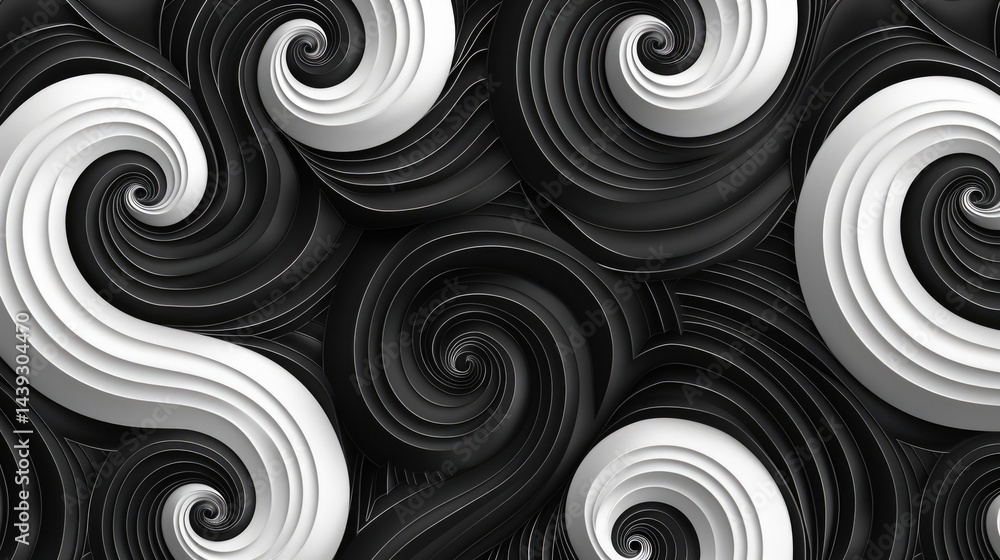 Poster monochromatic swirling abstract pattern with 3d element. abstract image of 3d rendering curve line w