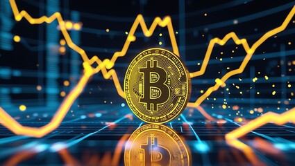 Shiny Gold Bitcoin Coin on Futuristic Circuit Board - Cryptocurrency and Digital Money Art