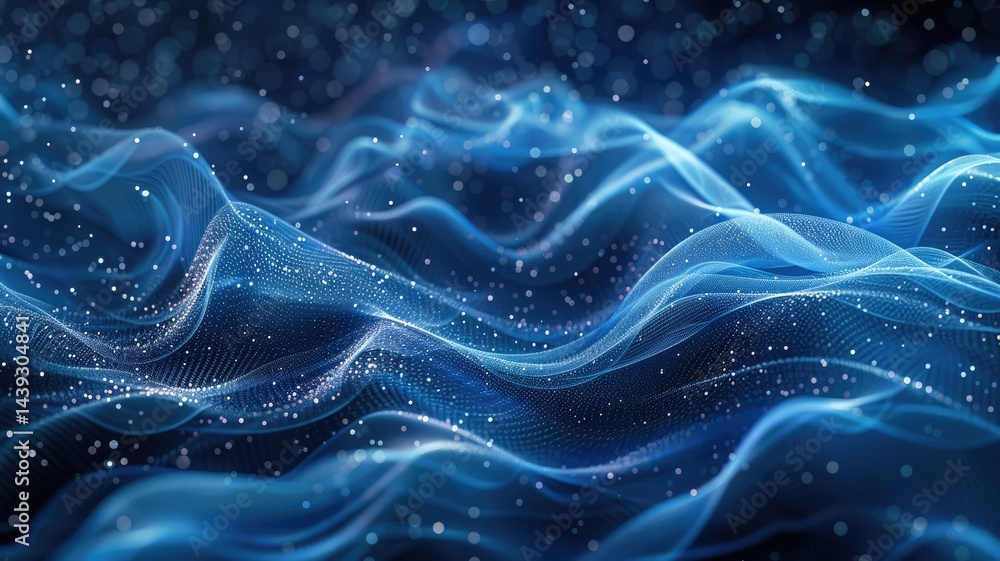 Poster wonderful picture of micro light sparkling particles scattered across blue flowing wave, create abst
