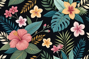Vibrant Tropical Floral Pattern with Hibiscus, Orchids & Exotic Foliage on Black Background
