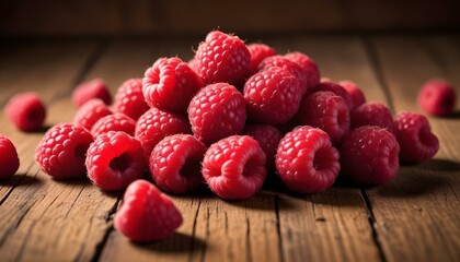 A delightful collection of fresh, bright red raspberries piled on a weathered wooden surface.