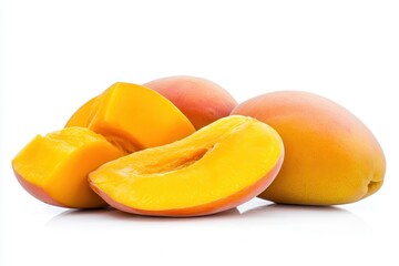 Freshly sliced ripe mangoes showcasing vibrant yellow flesh against a clean white background