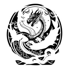 Serpentine Guardian: Monochromatic Dragon Design Encapsulated in Stylized Circle