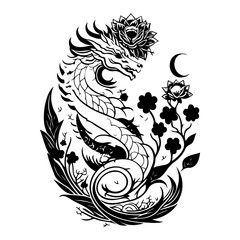 Mythical creature illustration with floral accents and celestial element