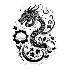 Elegant monochrome dragon design with floral accents for mystical appeal