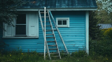 A weathered wooden ladder leans against a blue house wall