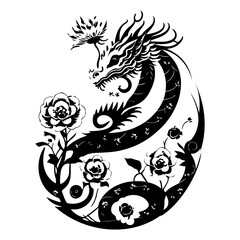 Dragon and Flowers Symbolic Silhouette: Eastern Inspired Floral Serpent Art