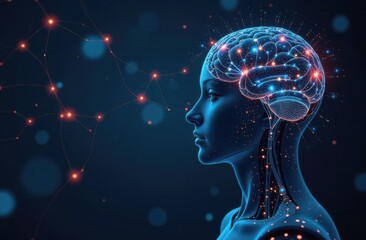 Robot humanoid face close up with graphic concept of engineering science study by AI thinking brain, artificial intelligence and machine learning process for 4th industrial revolution.