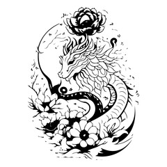 Intricate depiction of a celestial dragon amidst blooming flora in monochrome art