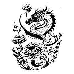 Monochrome dragon amid blossoms, evoking mythical tales and serene floral patterns