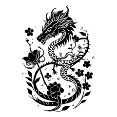 Mystical Dragon Silhouette Adorned with Blossoms: A Fusion of Fantasy and Nature