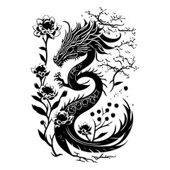 Majestic dragon coiled within flora, a symbol of strength and natural grace