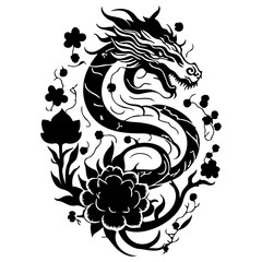Intricate black and white dragon artwork with floral and serpentine elements