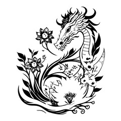 Obraz premium Dragon intertwined with botanical illustration against a plain backdrop design