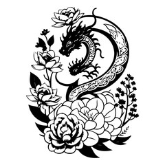 Dragon entwined with floral elements, a symbol of power and delicate beauty