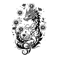 Intricate dragon floral art in contrasting black and white design fantasy