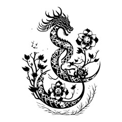 Stylized Dragon and Floral Ornamentation in Monochromatic Composition