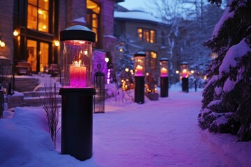 Illuminated path with pink candles in glass lanterns in a snowy winter scene. Atmospheric decoration for holiday events, winter celebrations, or home decor.