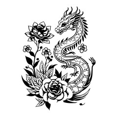 Dragon and floral design featuring intricate linework and symbolic elegance