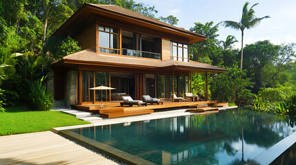 Japanese tropical villa, minimal wood design, natural landscape, peaceful cozy house,