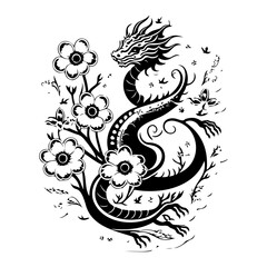 Stylized depiction of a mythical dragon entwined with blooming floral elements