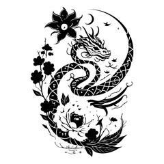 Stylized serpentine dragon artwork with floral elements and celestial accents
