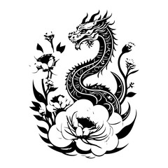 Dragon among botanicals artwork displaying fantasy and mythical creature silhouette