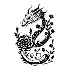Stylized dragon amidst floral elements illustration, bold design and mythical creature art