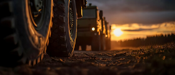 Heavy vehicles on a dirt road at sunset