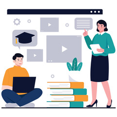 Online Education Illustration. Vector illustration of A woman explains educational content while a male student learns on his laptop. Isolated on background