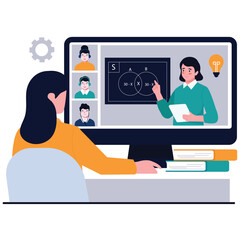 Online Education Illustration. Vector illustration of A student attends a live virtual class where the teacher explains a Venn diagram in a math lesson. Isolated on background