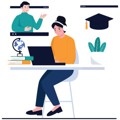 Online Education Illustration. Vector illustration of A student with headphones engages in online learning through a laptop, interacting with a virtual instructor. Isolated on background