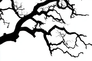 Intricate silhouette of a bare tree branch against a stark white background