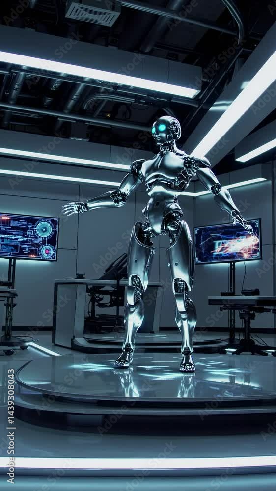 Poster futuristic lab with a humanoid robot, captured from a low angle. high-tech screens display data, evo
