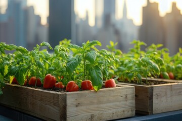 Urban rooftop garden thriving with basil and ripe cherry tomatoes, bathed in golden sunset light.