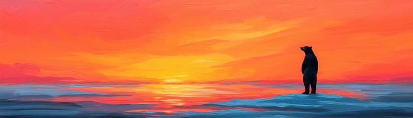 Fototapeta premium A solitary bear silhouetted against a vibrant sunset over a tranquil ocean.