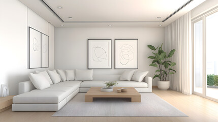 Open plan living room, modular white sofa, large low wooden coffee table, statement ceiling light, framed minimalist line drawings on the wall, potted snake plant, creamy textured walls, oak
