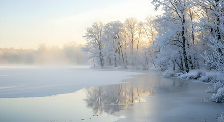 Winter Wonderland Scenic Frozen River Landscape with Snow Covered Trees and Misty Sunrise Reflections