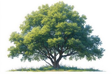 Fototapeta premium Lush, green deciduous tree on a small patch of grass, isolated on white