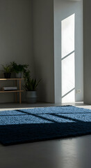 Modern minimalist interior design with blue rug wooden shelf plants and natural light through window blinds