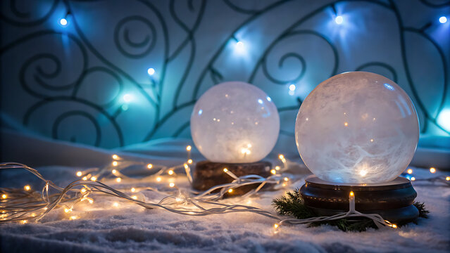 Three clear glass orbs illuminated by tiny string lights resting on a patterned wrought-iron surface, suggesting a festive winter setting — Tres orbes de vidrio iluminados por diminutas luces de hadas