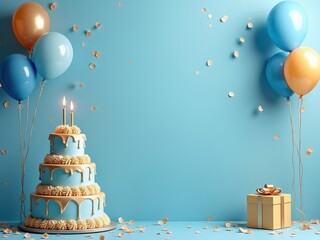 Blue and golden happy birthday cake invitation card banner background with balloons, candle, and gift box - perfect for celebrations, party invitations, and festive event designs