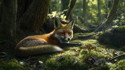 Fototapeta premium Red fox resting on mossy forest floor, sunlit trees